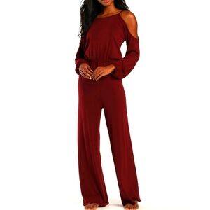 LULUS Looking to Snuggle Burgundy Cold Shoulder Lounge Jumpsuit XS